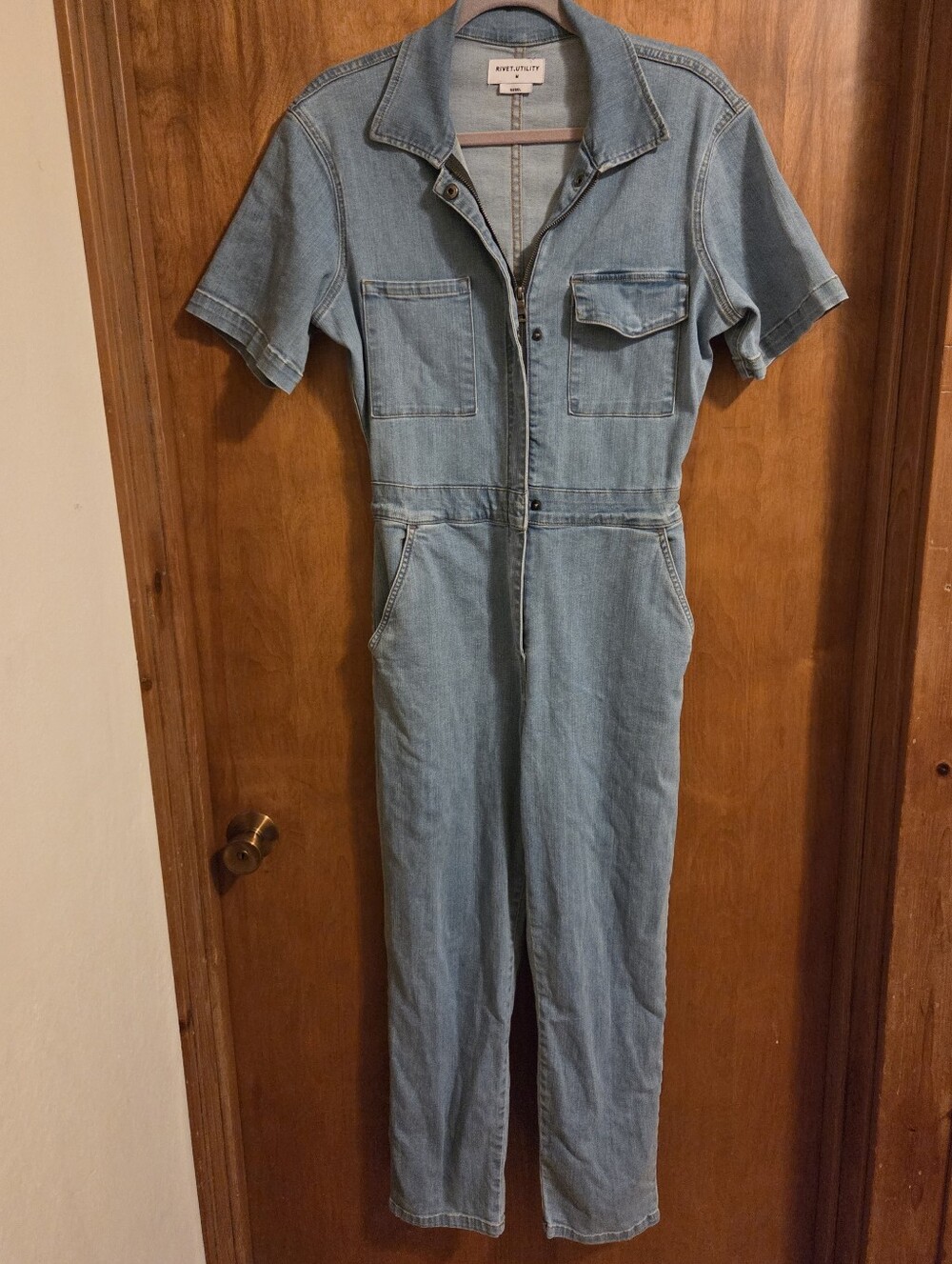 Rivet Utility Rebel Light Wash Denim Jumpsuit with Front Zip Women's Medium